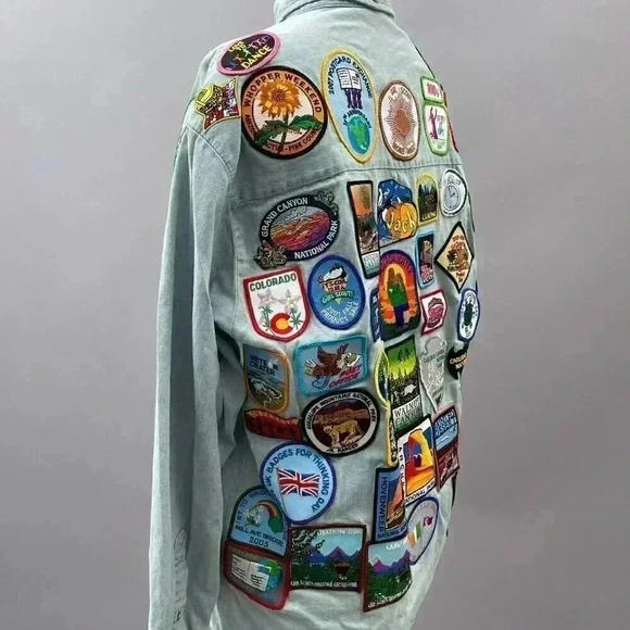 Vintage Girls Scout Denim Top Size S Patches Button Light Blue Long Sleeve - Picture 6 of 10